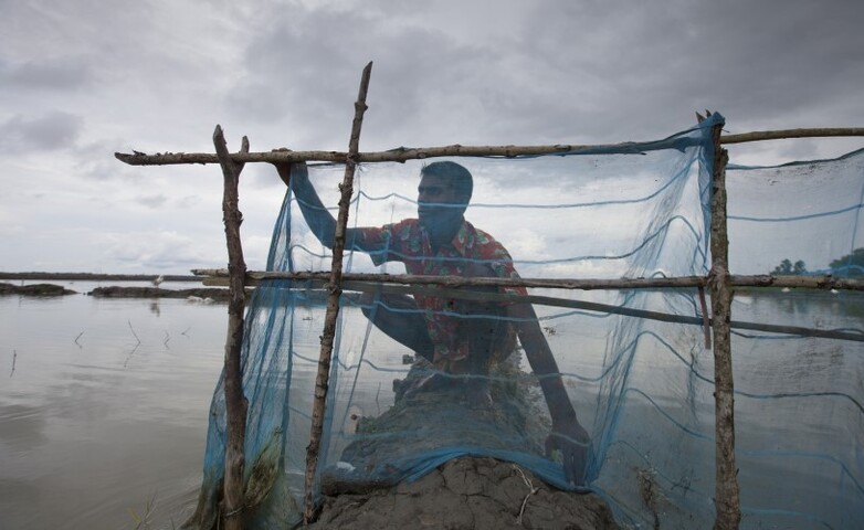 Eine Person hockt bei bewölktem Himmel hinter einem blauen Fischernetz im flachen Wasser.