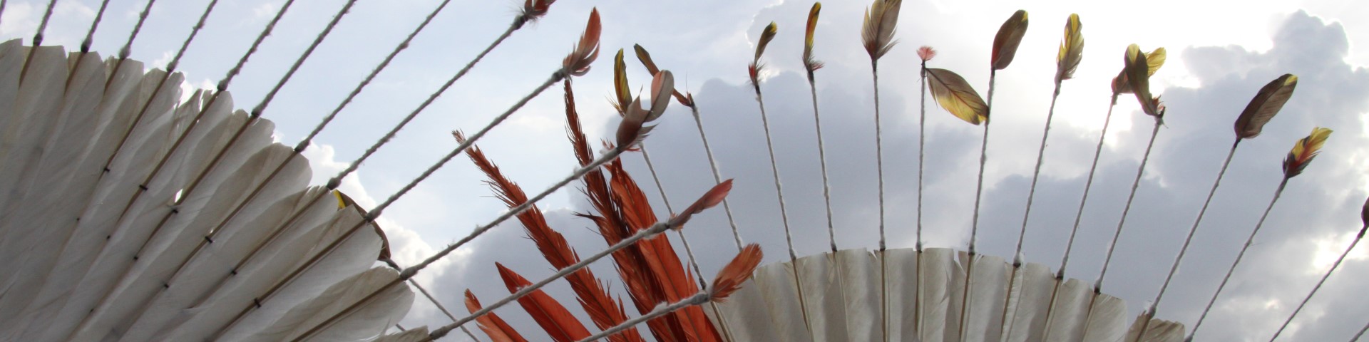 Nahaufnahme von indigenem Federkopfschmuck mit bunten Federn vor einem wolkenverhangenen Hintergrund.