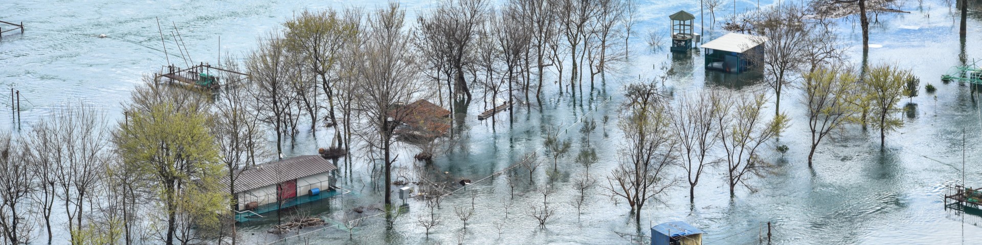 Vom Hochwasser betroffene Landschaft mit halb versunkenen Bäumen, kleinen Bauwerken und umhertreibenden Trümmern.