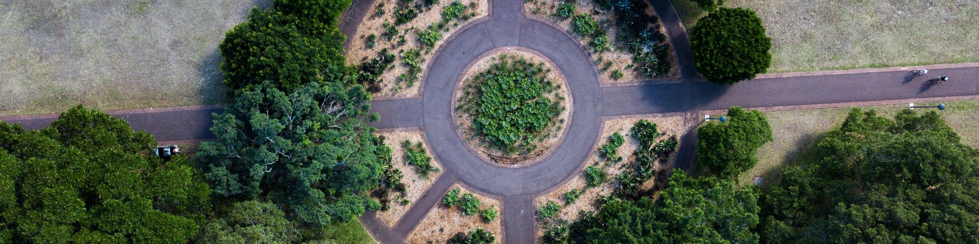 Eine als Kreis gebaute Straße, umgeben von grünen Bäumen und Natur.