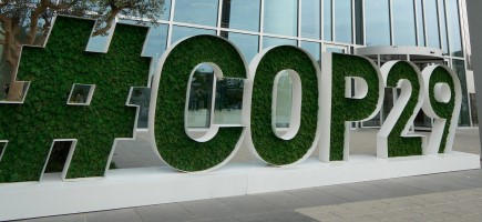 Das Bild zeigt ein großes COP29-Schild, dessen Buchstaben mit grünen Pflanzen gefüllt sind, vor einem modernen Glasgebäude.