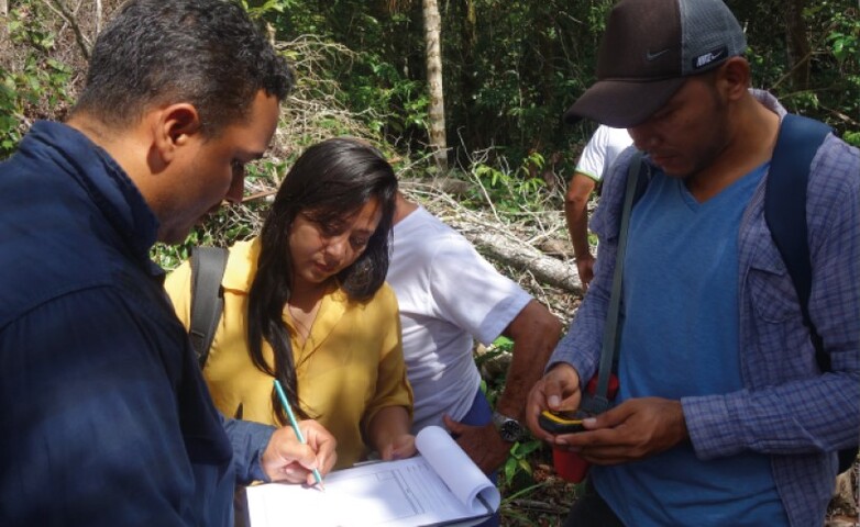 Three technical advisors stand in the Amazon rainforest and fill in data on a form.