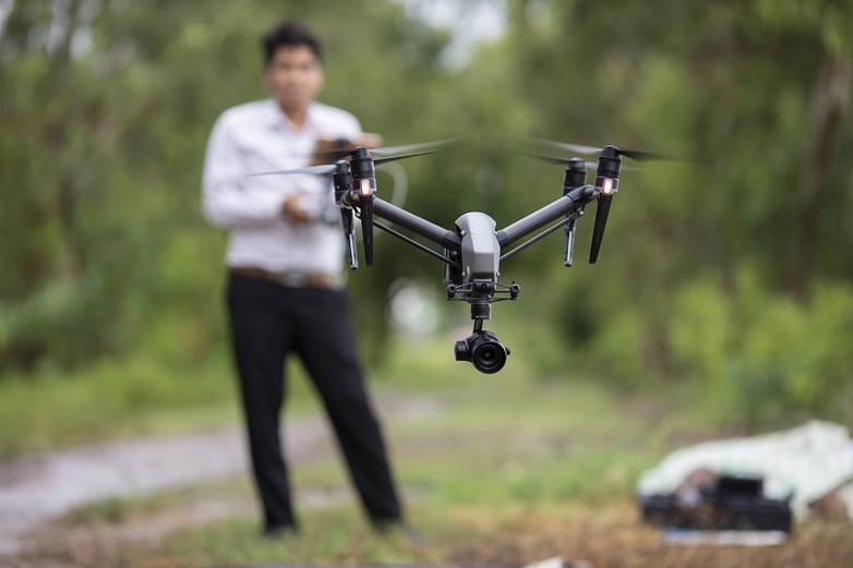 A person steering a camera drone.