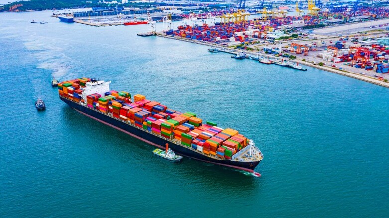 A container ship passes in front of a container harbour.