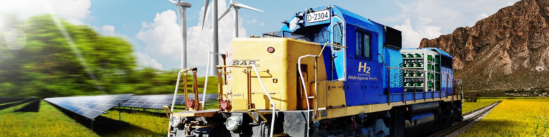 Una locomotora de hidrógeno atraviesa el campo. Al fondo se ven paneles solares y turbinas eólicas.