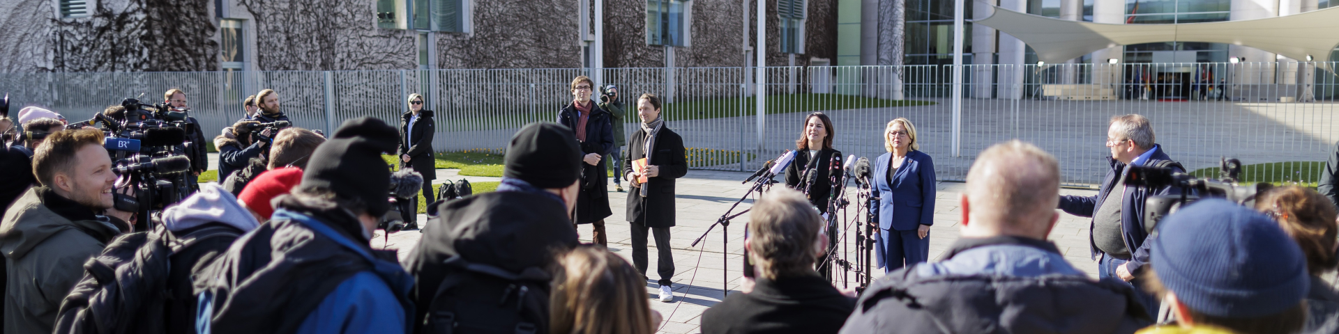 German Development Minister Svenja Schulze and German Foreign Minister Annalena Baerbock in front of the Federal Chancellery presenting the strategy on feminist development policy to the press.