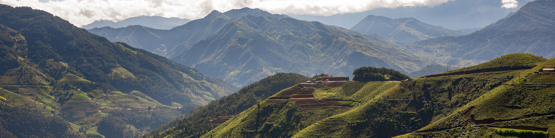 Panorama of a green mountain landscape.