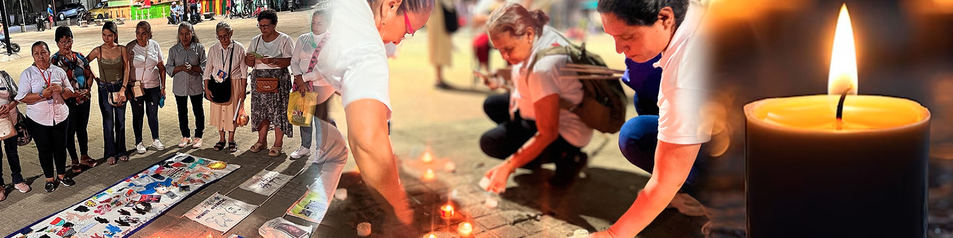 Un collage de tres partes muestra personas recordando a las víctimas, encendiendo velas de té y una vela encendida.