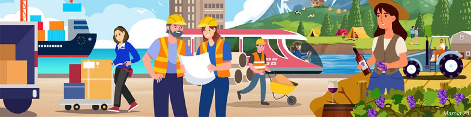 An illustration of people working on a construction site, surrounded by construction equipment and materials needed to progress the project.