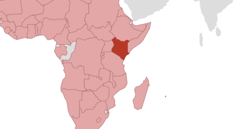 Map of Kenya showing the national borders.