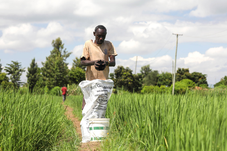 Un agriculteur répand de la terre à la main dans un champ.