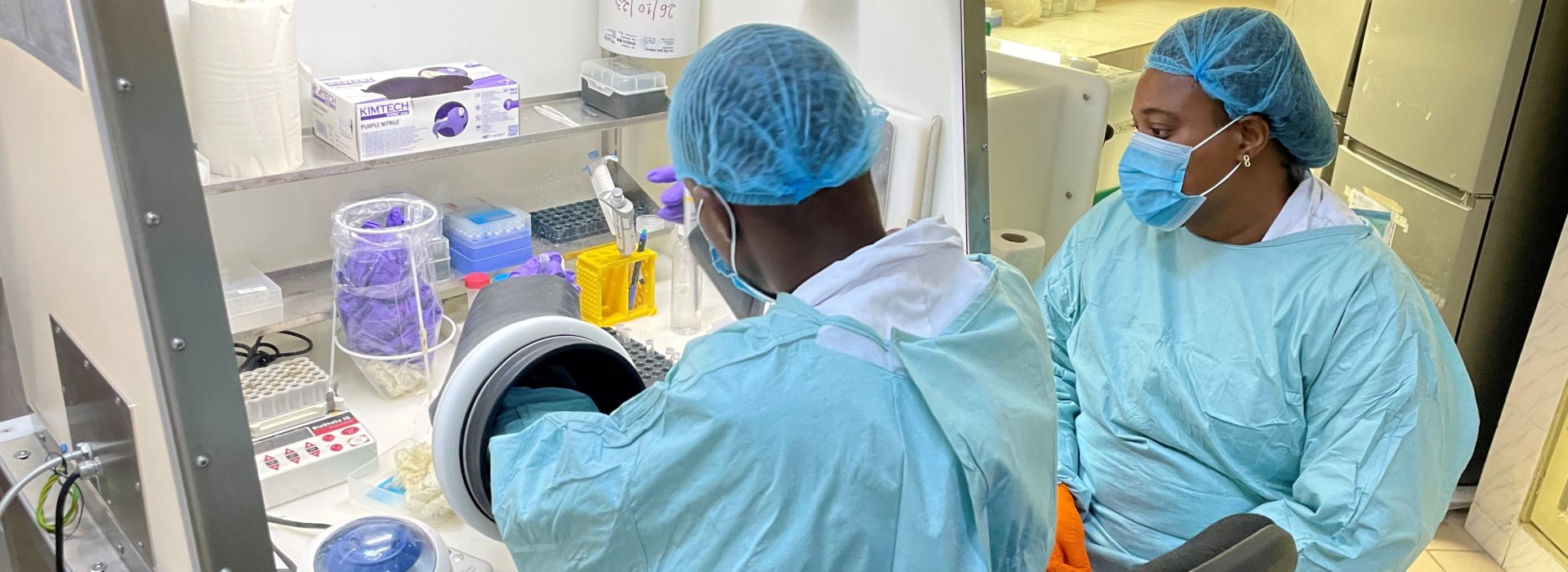 Two laboratory staff test a sample in an airtight examination box.