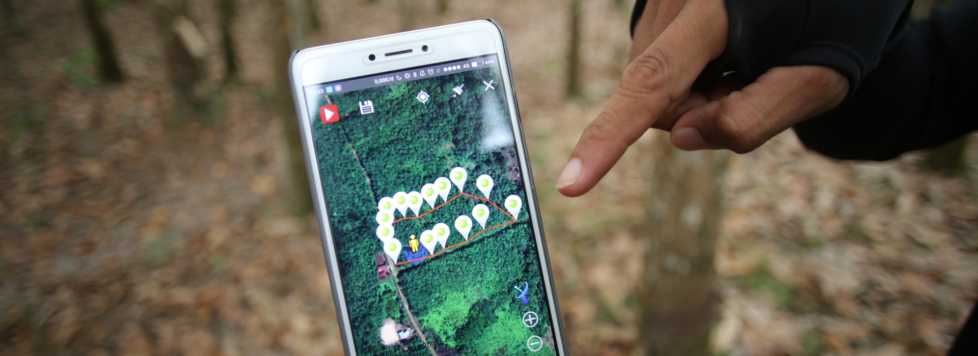 The forest areas are mapped in an app using GPS.