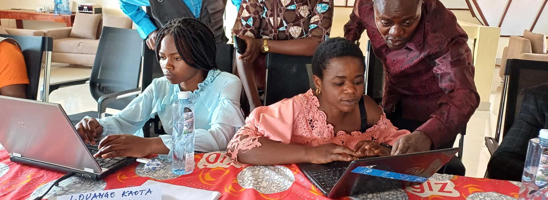 A group of five people in front of two computers during a training course on finance.