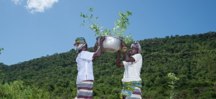 Two people lifting a large plant pot into the air together.